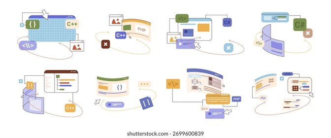 Codificando o espaço de trabalho com telas de computador e ferramentas de desenvolvimento. Conjunto vetorial de configuração digital para programadores e desenvolvedores. Tecnologia, programação e criação de software em ambiente profissional