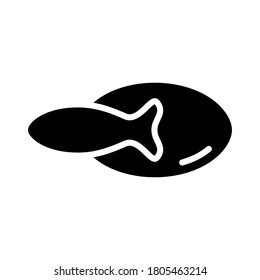 Cod-liver oil, fish logo with pills silhouette logo. Outline icon of oval capsule and fish. Black simple illustration for omega 3 food supplement packaging design. Flat isolated vector pictogram, white background
