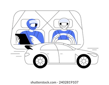 Co-driver abstract concept vector illustration. Man speaking to co-driver in the front passenger seat, professional racing, motorsport industry, sport transport addiction abstract metaphor.