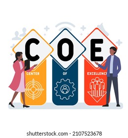 COE - Acrónimo del Centro de Excelencia. fondo de concepto de negocio. concepto de ilustración vectorial con palabras clave e iconos. ilustración con iconos para banner web, volante, página de inicio