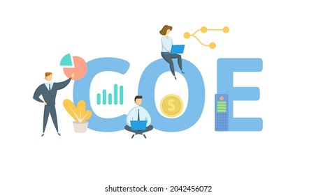 COE, Centro de Excelencia. Concepto con palabras clave, personas e iconos. Ilustración vectorial plana. Aislado en blanco.