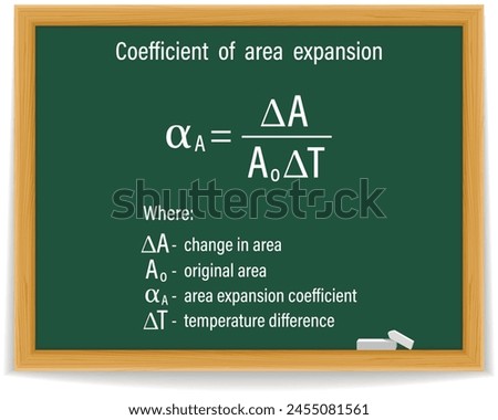 Coefficient of area expansion formula on a green chalkboard. Education. Science. Formula. Vector illustration.