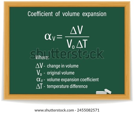 Coefficient of volume expansion formula on a green chalkboard. Education. Science. Formula. Vector illustration.
