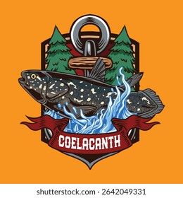 Coelacanth badge cartoon illustration with forest background, perfect for fishing clubs, outdoor adventure, wildlife, and nature-themed