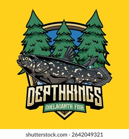 Coelacanth fish badge cartoon illustration with forest background, perfect for fishing clubs, outdoor adventure, wildlife, and nature-themed