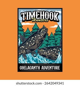 Coelacanth Fish Poster in Cartoon Illustration. Perfect for fishing clubs, outdoor adventure, wildlife, and nature-themed