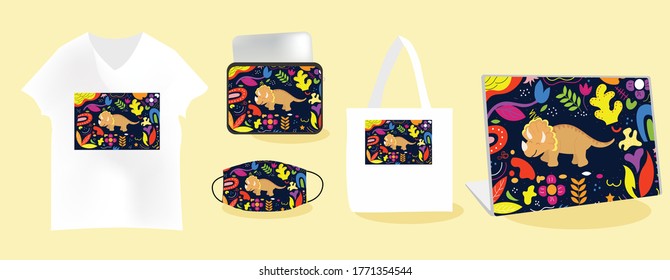 Coelophysis background with Mockup templates vector illustration. tote bag, pouch, t-shirt, mask, skin laptop