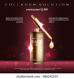 Coenzyme Q10. Anti age cream for face skin care with collagen serum. Cosmetic background with  bottle. Vector illustration EPS 10 format