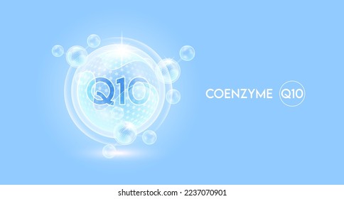 Coenzima Q10 y molécula de átomo de burbuja colágeno de la piel de protección de la fórmula química sérica. Complemento nutricional antiedad para el cuidado de la piel complejo multivitamínico. Sobre fondo azul. vector 3D.