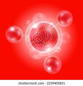 Coenzyme Q10 and bubble atom molecule collagen serum chemical formula shield protection skin. Skincare anti age nutrition supplement multivitamin complex. On red background. 3D vector.