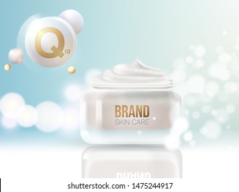 Coenzyme Q10. Collagen Serum and Vitamin Background Concept Skin Care Cosmetic.regeneration cream.Container mockup, cosmetic bottle package,bank.Elegant and stylish Background.Vector illustration