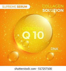 Coenzyme Q10. Collagen solution. Shiny golden round drop of supreme serum. Package design cosmetic products. Vector illustration.