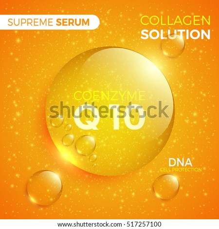 Coenzyme Q10. Collagen solution. Shiny golden round drop of supreme serum. Package design cosmetic products. Vector illustration.