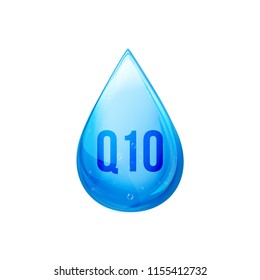 Coenzyme Q10 drop. Golden vector pill icon. Treatment drop capsule. Q10 skin care solution wellness.