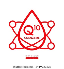 Coenzyme Q10 dropper icon red with surrounding molecules form simple line. Isolated on a white background. Medical symbol concept. Design for use on web app mobile and print media. Vector.