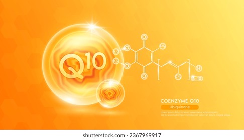 Coenzyme Q10 essential supplement to the health body. Orange vitamins complex and chemical formula structure. Minerals collagen serum. Beauty nutrition skin care design or cosmetic. 3D vector.