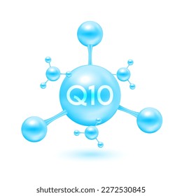 Coenzyme Q10 in the form of atoms molecules blue glossy. Q10 icon 3D isolated on white background. Minerals vitamin complex. Medical and science concept. Vector EPS10 illustration.