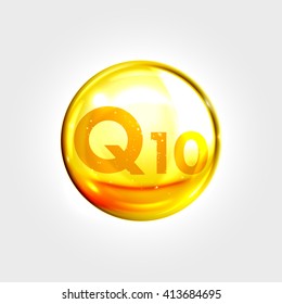 Coenzyme Q10. Gold vector oil icon. Enzyme drop pill capsule. Shining golden essence droplet. Beauty treatment nutrition skin care design. Vector illustration.