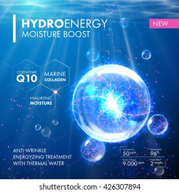 Coenzyme Q10 and  hyaluronic acid energy boost moisturizing collagen design. Oxygen Underwater jellyfish  bubble for skin care concept. 