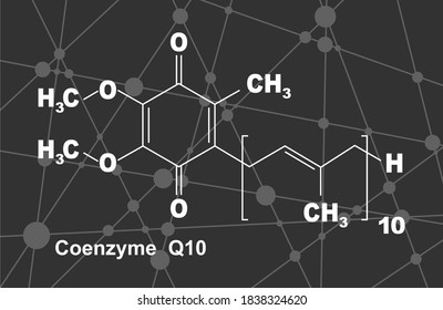 Coenzyme Q10 molecule, chemical structure. Production of cellular energy. Lines and dots connected background