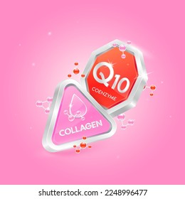 Coenzyme q10 in octagon shape red and collagen pink with chemical atom molecule orbit around. 3D Logo label nutrition silver. Used for products food and medicine design. Isolated Vector.