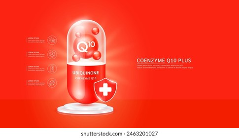 Coenzyme Q10 plus or Ubiquinone in red capsule with cross shield on podium. Antibiotic collagen and minerals essential health care. For ads dietary supplements and beauty medical pharmacy. Vector.