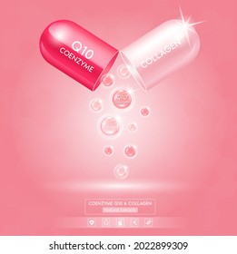 Coenzyme Q10 red and collagen pack pink with capsule solution serum. Natural cosmetics lotion for face or body. Hyaluronic acid skin care ad. Beauty and Medicine Concepts. 3D Realistic Vector EPS10.