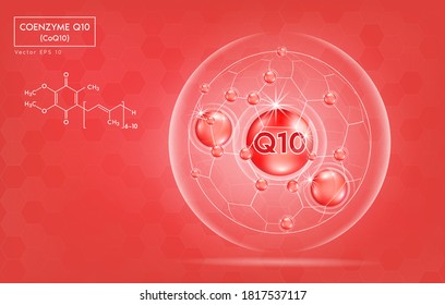 Coenzyme Q10 red shining pill capsule icon and structure. Vitamin complex with Chemical formula, coenzyme Q, ubiquinone. Meds for health, beauty ads. Vector EPS10