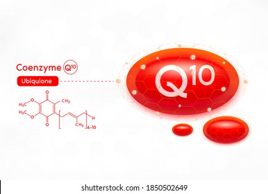 Coenzyme Q10 red shining pill capsule icon . Vitamin complex with Chemical formula, coenzyme Q, ubiquinone. Meds for health, beauty ads. Vector illustration