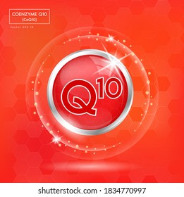 Coenzima Q10 rojo . Complejo de vitamina con fórmula química, coenzima Q, ubiquinona. Medicamentos para la salud, anuncios de belleza. Ilustración del vector