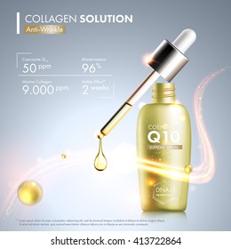 Coenzyme Q10. Serum essence bottle with dropper. Skin care moisturizing treatment vial design. Anti age DNA helix protection solution. Premium shining enzyme droplet. Vector illustration.