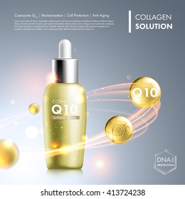 Coenzyme Q10 serum essence bottle. Skin care moisturizing treatment vial design. Anti age DNA helix protection solution. Premium shining enzyme droplet. Vector illustration.