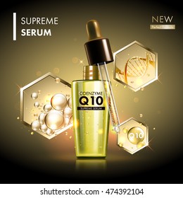 Coenzyme Q10 serum essence golden drops with dropper. Skin care collagen hyaluronic moisture formula treatment with honeycomb design elements. Anti age DNA helix protection and lifting solution