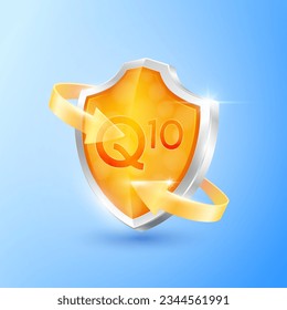 Escudo de coenzima Q10 y flechas de vidrio transparente de color naranja. La protección de los símbolos aumenta la inmunidad corporal sana. Conceptos de salud médica. Icono 3D para la publicidad de alimentos de productos nutricionales. Ilustración vectorial.