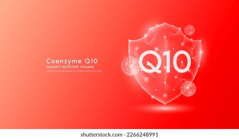 Coenzyme Q10 shield polygonal translucent red. Immunity boosting vitamins. Medical innovation protect your body healthy. Shield low poly triangle modern futuristic protection. Banner vector.