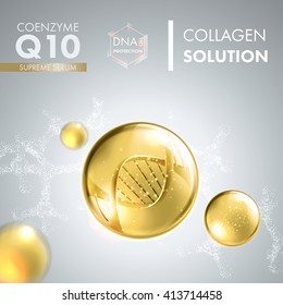 Coenzyme Q10. Supreme collagen oil drop essence with DNA helix. Premium shining serum droplet. Vector illustration.