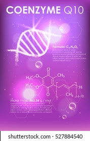 Coenzyme Q10. Supreme collagen oil drop essence. Cosmetic ads template, glass droplet bottle with essence oil isolated on brown background. 3D illustration. Q10 and other ingredients on poster.