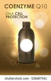 Coenzyme Q10. Supreme collagen oil drop essence. Cosmetic ads template, glass droplet bottle with essence oil isolated on brown background. 3D illustration. Q10 and other ingredients on poster.
