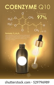 Coenzyme Q10. Supreme collagen oil drop essence. Cosmetic ads template, glass droplet bottle with essence oil isolated on brown background. 3D illustration.  poster.