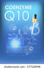 Coenzyme Q10. Supreme collagen oil drop essence. Cosmetic ads template, glass droplet bottle with essence oil isolated on brown background. 3D illustration. Q10 and other ingredients on poster.