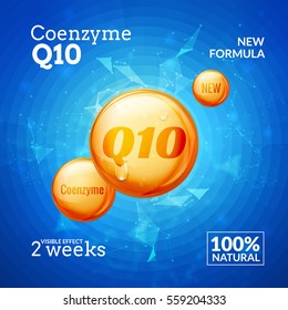 Coenzyme Q10. Supreme serum collagen oil drop vector design. Skin care essence droplet solution. Natural beauty treatment for health.