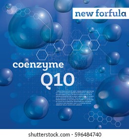 Coenzyme Q10. Transparent Bubbles on Blue Background. Vector illustration. 