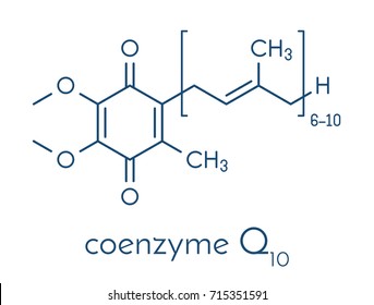 Coenzyme Q10 (ubiquinone, ubidecarenone, CoQ10) molecule, chemical structure. Plays an essential role in the production of cellular energy; has antioxidant properties. Skeletal formula.
