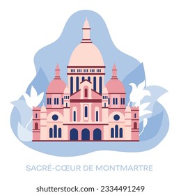 Sacré Coeur de Montmartre, France Traveling to France, learning French. Landmarks of France. Flat design, vector illustration.