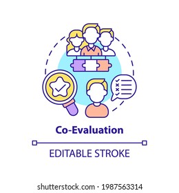 Co-evaluation concept icon. Co-production element idea thin line illustration. Co-assessment. Finding existing problems in work. Vector isolated outline RGB color drawing. Editable stroke