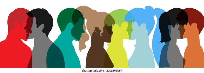 Coexistence harmony and multicultural community integration. Racial equality. Diversity multiethnic people. Group side silhouette men and women of different culture and different countries.