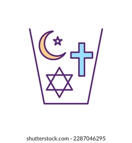 Coexisting religions RGB color icon. Spiritual harmony. Peace and tolerance between institutional belief systems. Religious diversity. Judaism, islam and christianity. Isolated vector illustration