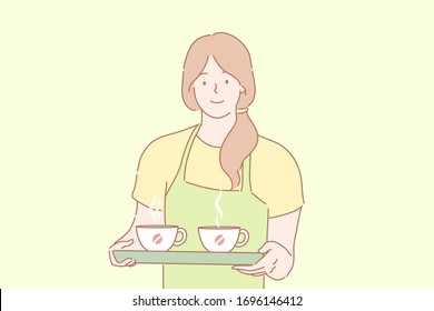 Cofee, barista, service, offer, order advertising concept. Young happy woman girl barista waitress in apron holds tray with two cups of hot cofee. Cofeehouse advertising. Taking order. Service sphere.