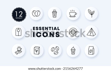 Cofee break set icon. Coffee, drink, plant, tea bag, grains, mug, cocktail, americano, cappuccino, etc. Beverage concept. Neomorphism style. Vector line icon for Business and Advertising