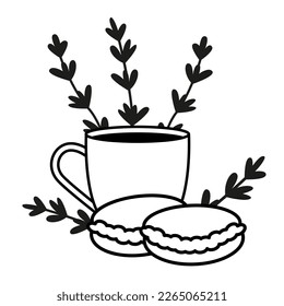 Cofee cup, french sweets and hand drawn lavender flowers. Vector illustration. Simple doodle style.